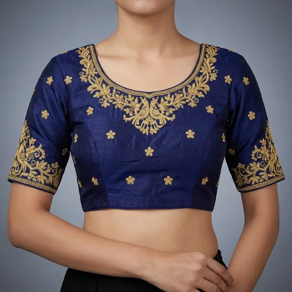 Navy_Blue_Silk_Padded_Round_Neck_Blouse_For_Women