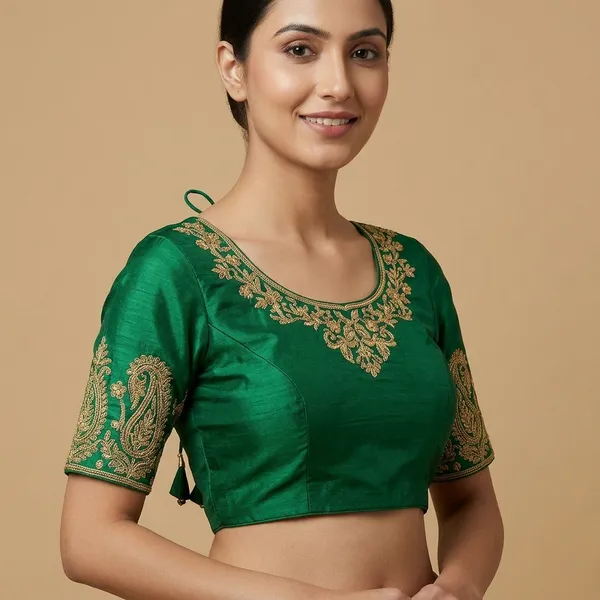 Green_Silk_Short_Sleeve_Round_Neck_Blouse_For_Women