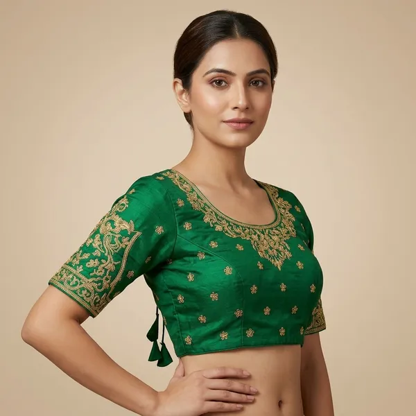 Green_Silk_Short_Sleeve_Round_Neck_Blouse_For_Women