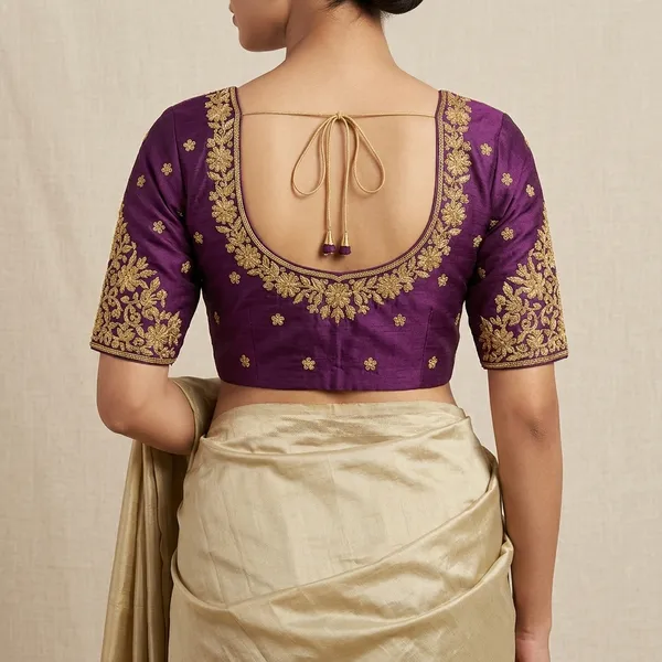 Purple_Silk_Padded_Round_Neck_Blouse_For_Women