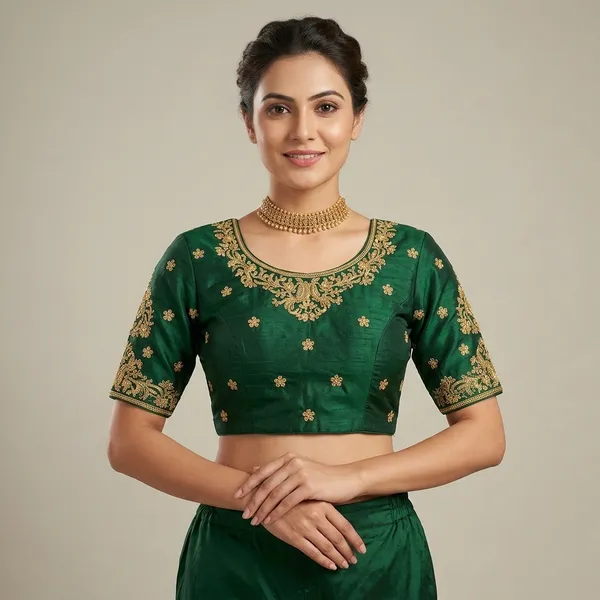 Dark_Green_Silk_Padded_Round_Neck_Blouse_For_Women
