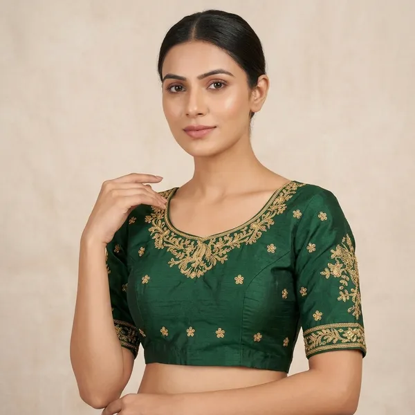Dark_Green_Silk_Padded_Round_Neck_Blouse_For_Women