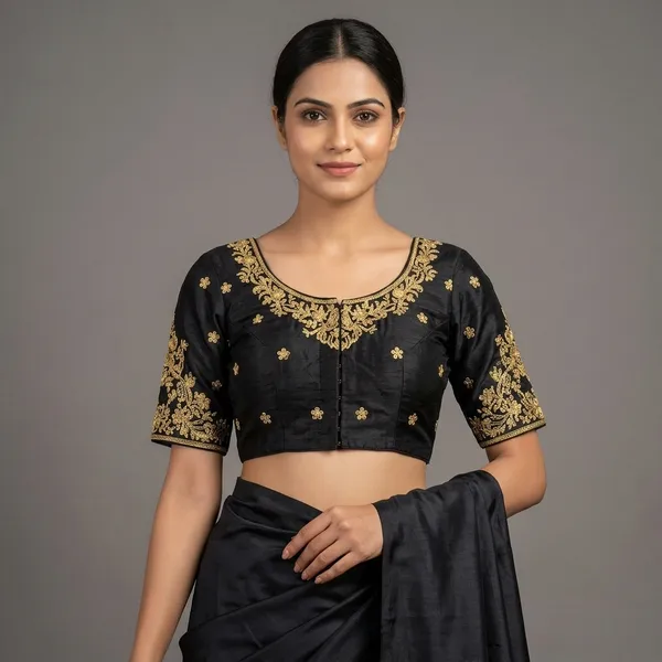 Black_Silk_Padded_Front_Open_Blouse_For_Women