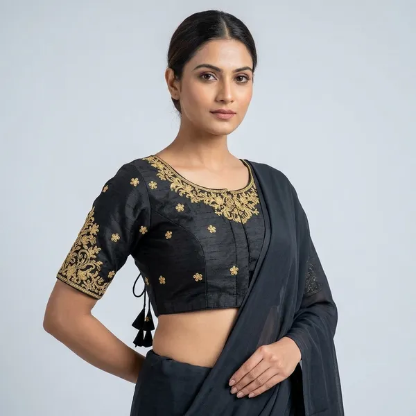 Black_Silk_Padded_Front_Open_Blouse_For_Women
