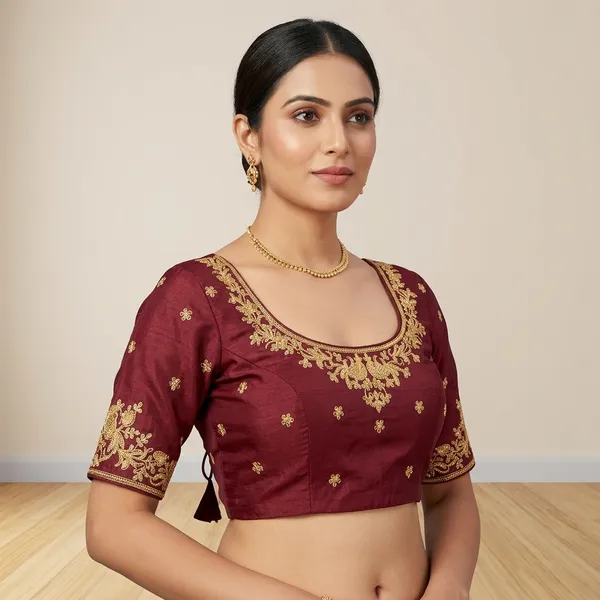 Maroon_Silk_Padded_Round_Neck_Blouse_For_Women