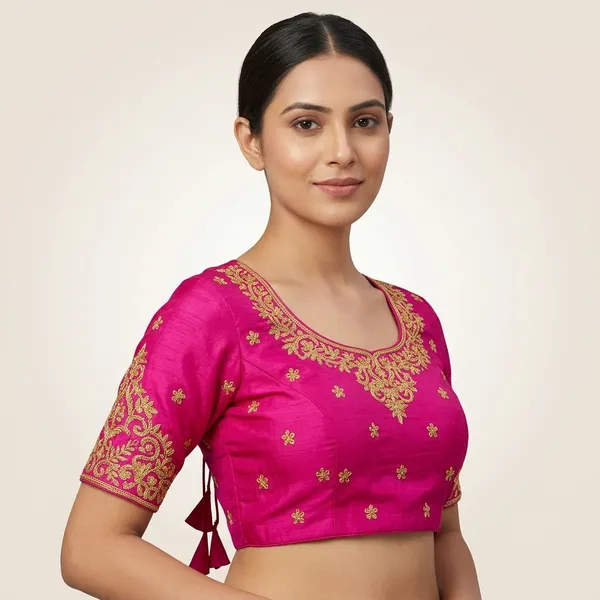 Pink_Silk_Padded_Round_Neck_Blouse_For_Women