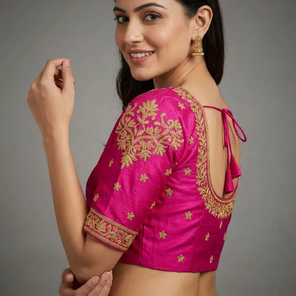 Pink_Silk_Padded_Round_Neck_Blouse_For_Women