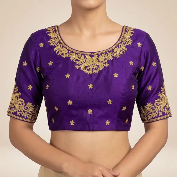 Purple_Silk_Padded_Round_Neck_Blouse_For_Women