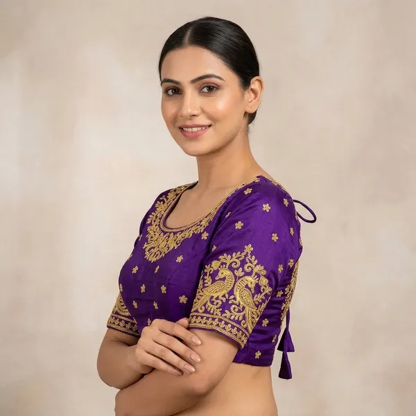 Purple_Silk_Padded_Round_Neck_Blouse_For_Women