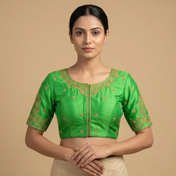 Green_Silk_Padded_Round_Neck_Blouse_For_Women