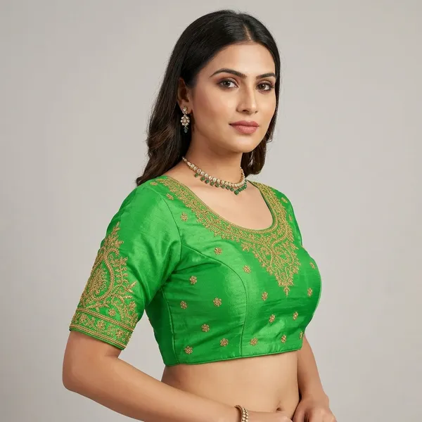Green_Silk_Padded_Round_Neck_Blouse_For_Women