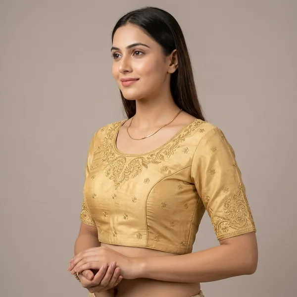 Gold_Silk_Padded_Round_Neck_Blouse_For_Women