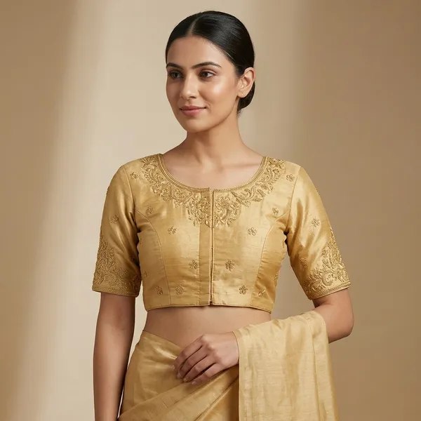 Gold_Silk_Padded_Round_Neck_Blouse_For_Women