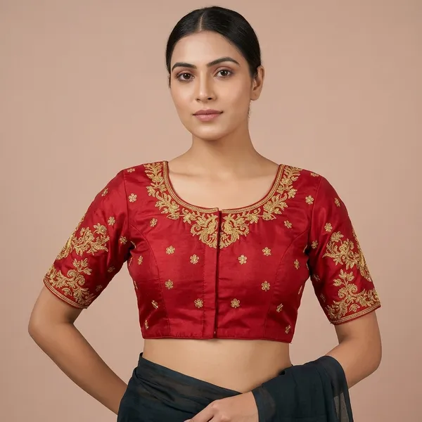 Red_Silk_Padded_Front_Open_Blouse_For_Women