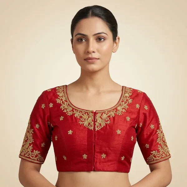 Red_Silk_Padded_Front_Open_Blouse_For_Women