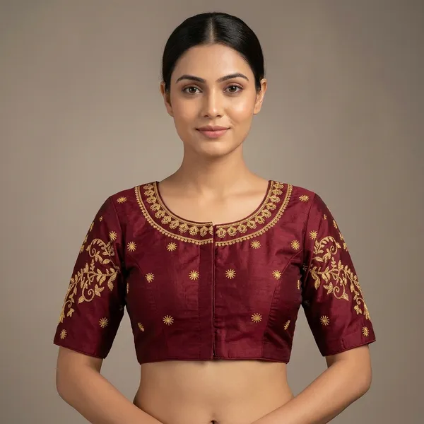 Maroon_Silk_Padded_Front_Open_Round_Neck_Blouse_For_Women