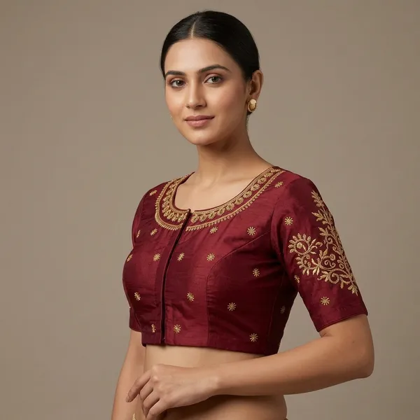Maroon_Silk_Padded_Front_Open_Round_Neck_Blouse_For_Women