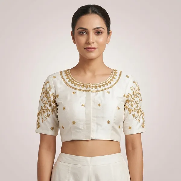White_Silk_Padded_Front_Open_Round_Neck_Blouse_For_Women
