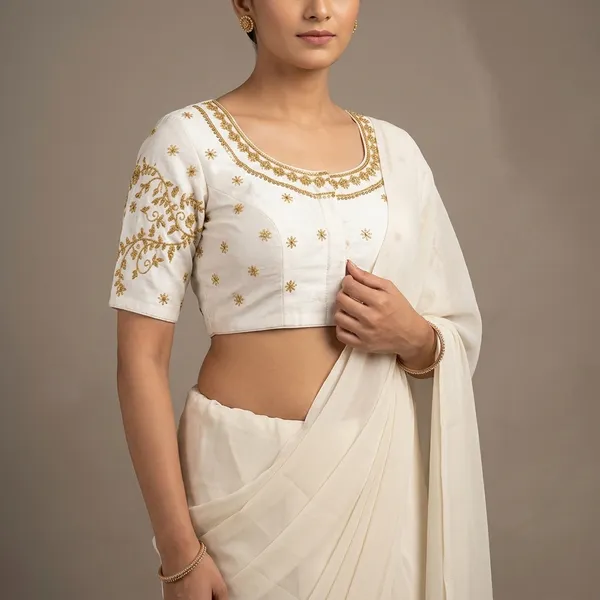 White_Silk_Padded_Front_Open_Round_Neck_Blouse_For_Women