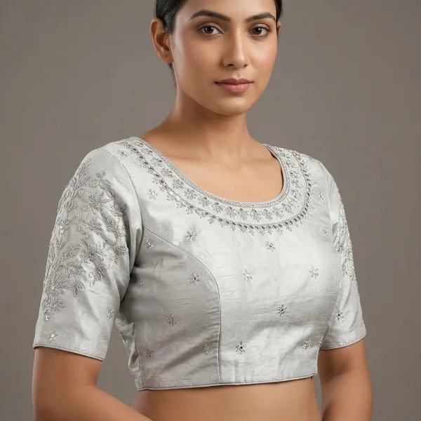 Silver_Silk_Padded_Round_Neck_Blouse_For_Women