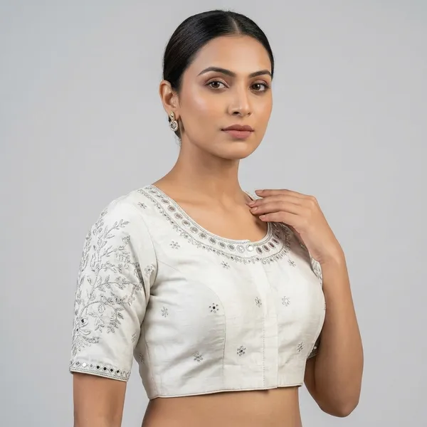 Silver_Silk_Padded_Round_Neck_Blouse_For_Women
