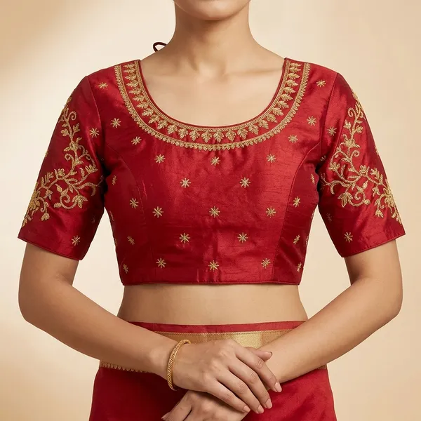 Red_Silk_Padded_Round_Neck_Blouse_For_Women