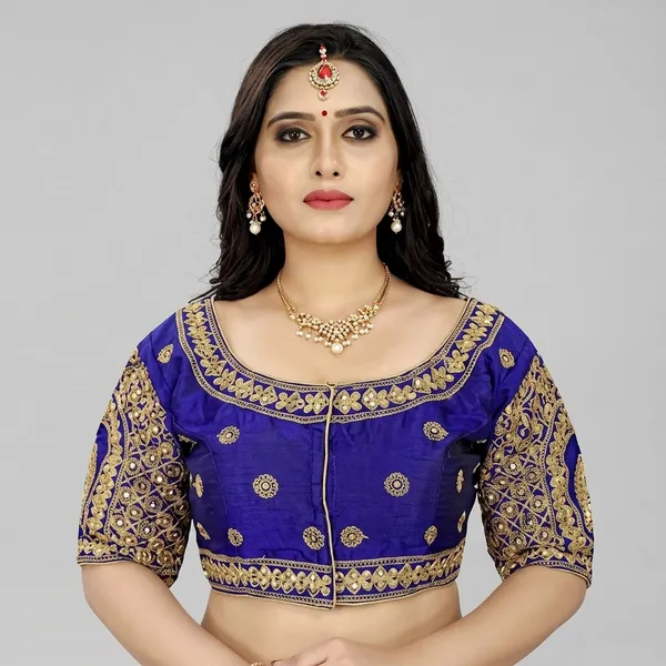 Navy_Blue_Silk_Padded_Round_Neck_Front_Open_Blouse_For_Women