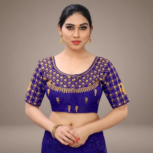 Blue_Silk_Padded_Round_Neck_Blouse_For_Women