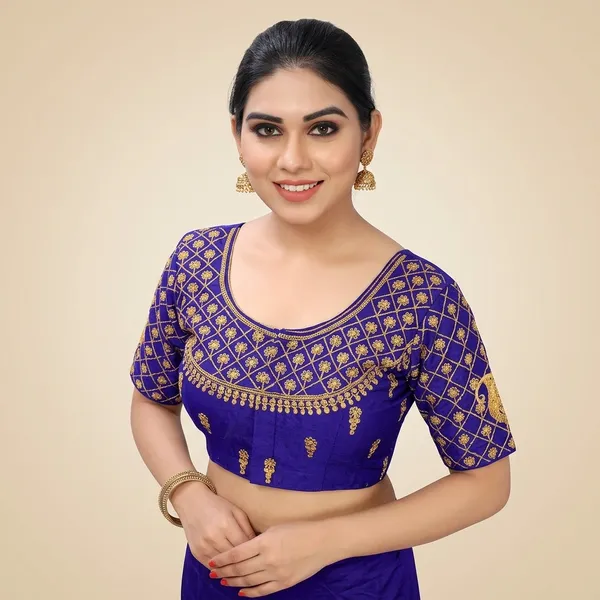 Blue_Silk_Padded_Round_Neck_Blouse_For_Women