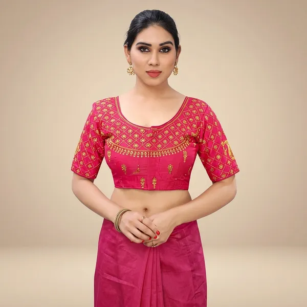 Pink_Silk_Padded_Round_Neck_Blouse_For_Women