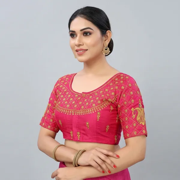 Pink_Silk_Padded_Round_Neck_Blouse_For_Women
