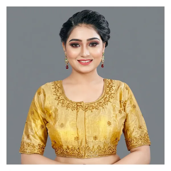 Golden_Silk_Short_Sleeve_Embroidered_Blouse_For_Women