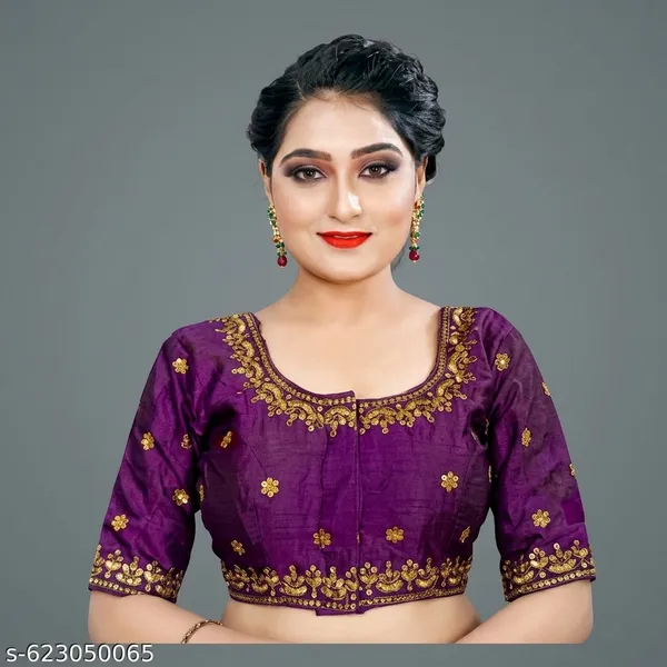 Violet_Silk_Short_Sleeve_Round_Neck_Blouse_For_Women