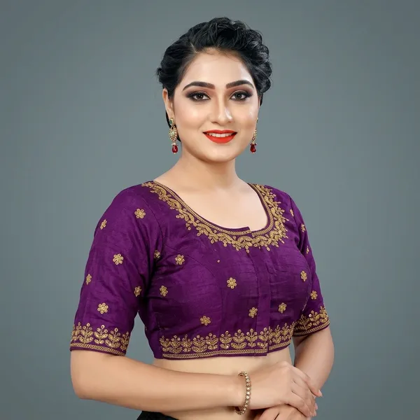 Violet_Silk_Short_Sleeve_Round_Neck_Blouse_For_Women