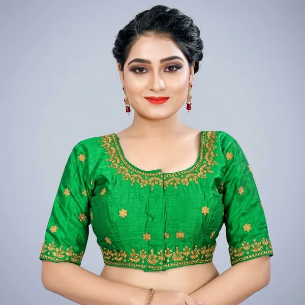 Green_Silk_Padded_Embroidered_Round_Neck_Blouse_For_Women