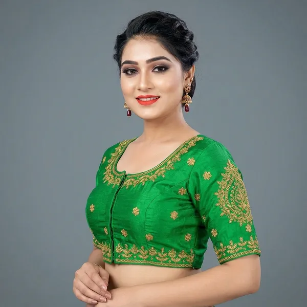 Green_Silk_Padded_Embroidered_Round_Neck_Blouse_For_Women