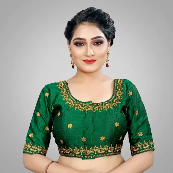 Green_Silk_Padded_Embroidery_Round_Neck_Blouse_For_Women
