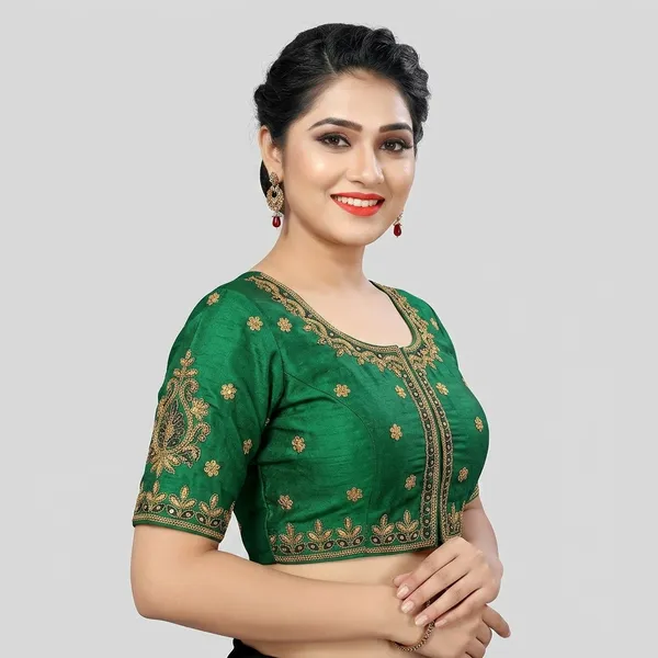 Green_Silk_Padded_Embroidery_Round_Neck_Blouse_For_Women