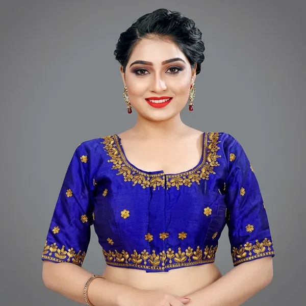 Blue_Silk_Short_Sleeve_Front_Open_Blouse_For_Women