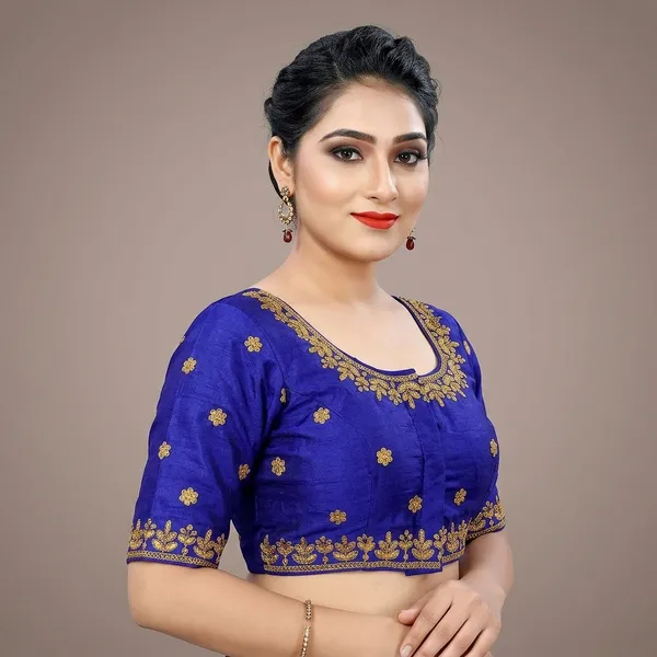 Blue_Silk_Short_Sleeve_Front_Open_Blouse_For_Women