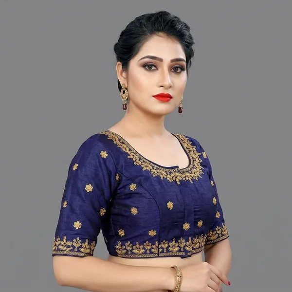 Navy_Blue_Silk_Padded_Round_Neck_Blouse_For_Women