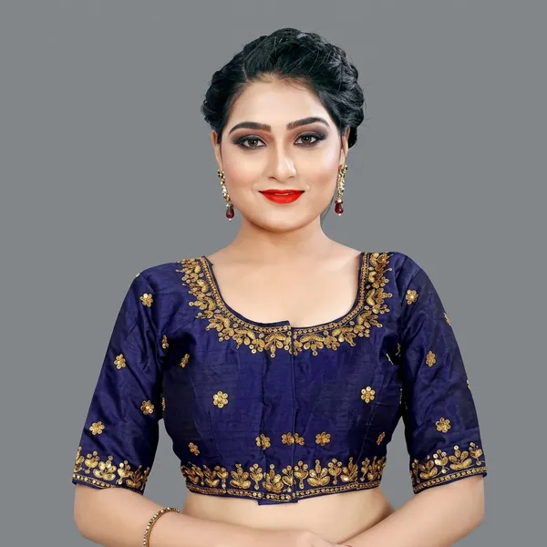 Navy_Blue_Silk_Padded_Round_Neck_Blouse_For_Women