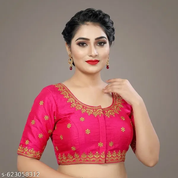 Pink_Silk_Padded_Round_Neck_Embroidered_Blouse_For_Women