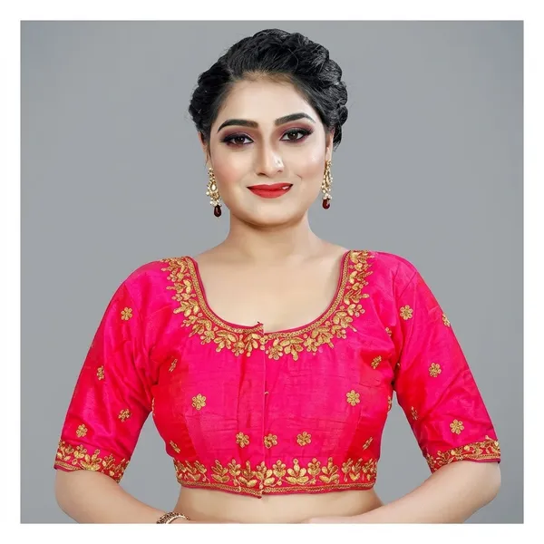 Pink_Silk_Padded_Round_Neck_Embroidered_Blouse_For_Women