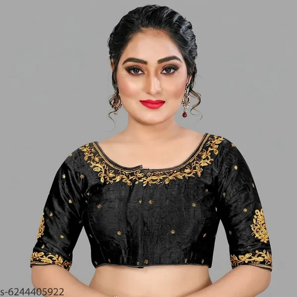Black_Silk_Short_Sleeve_Round_Neck_Embroidered_Blouse_For_Women