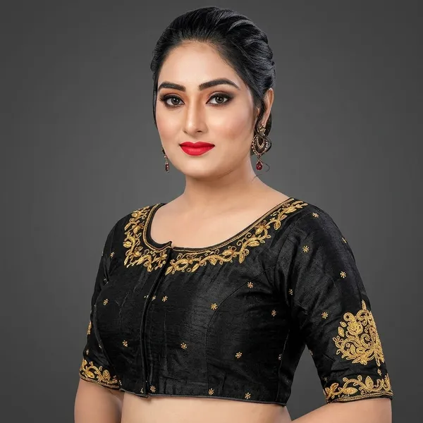 Black_Silk_Short_Sleeve_Round_Neck_Embroidered_Blouse_For_Women