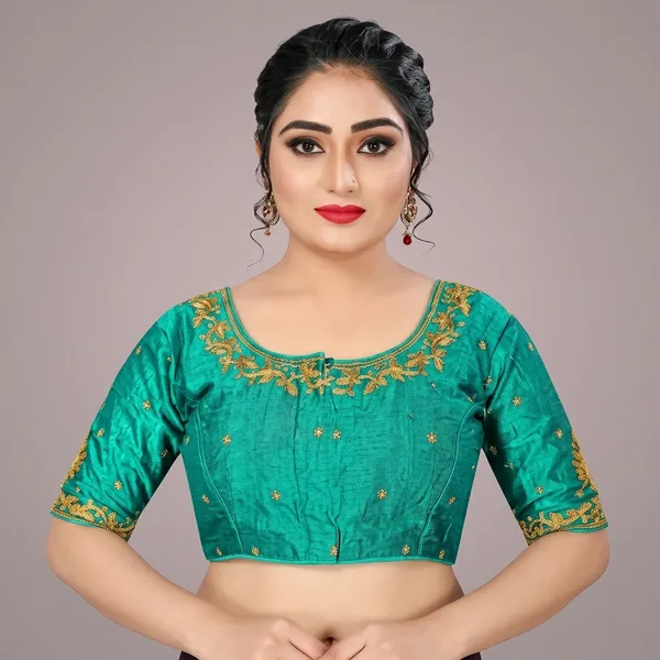 Teal_Silk_Embroidered_Round_Neck_Padded_Blouse_For_Women