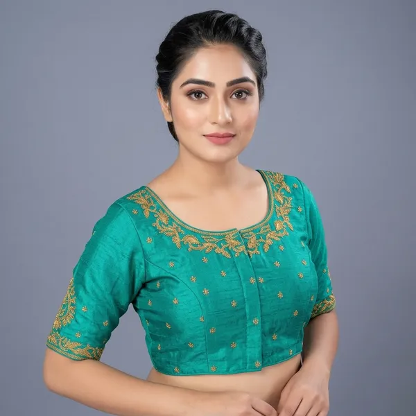 Teal_Silk_Embroidered_Round_Neck_Padded_Blouse_For_Women