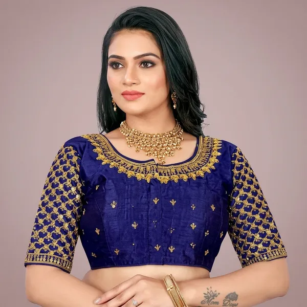 Navy_Blue_Silk_Round_Neck_Padded_Blouse_For_Women