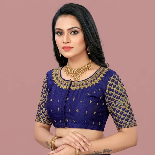 Navy_Blue_Silk_Round_Neck_Padded_Blouse_For_Women